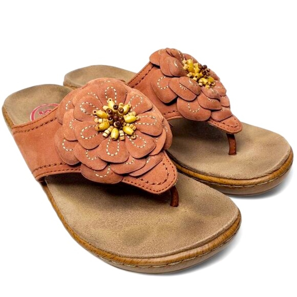 Klogs Aloha Thong Sandals Women's Suede Leather Flower Petal Wood Bead Boho 8M